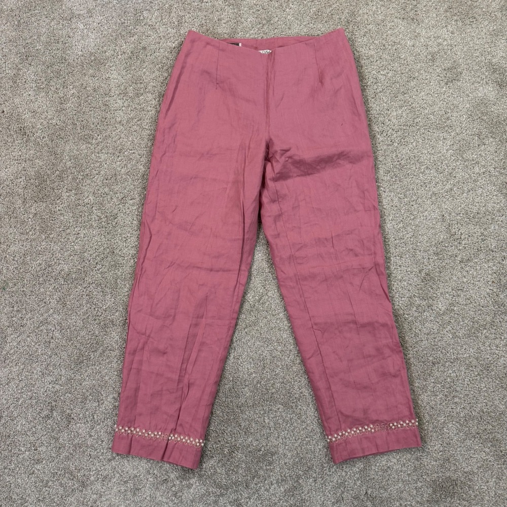 Nikki Valenti Pink Irish Linen Pants Sz 4 Faux Pearl Bead Hem Trousers Summer